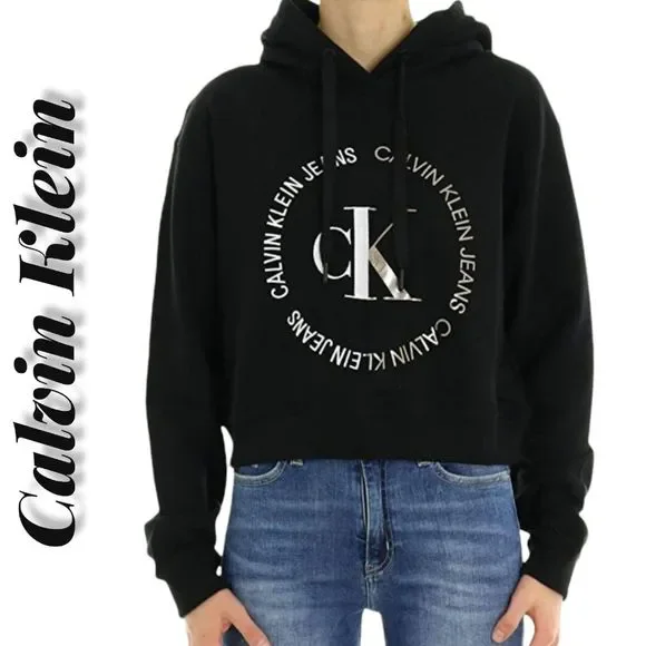 Calvin Klein Jeans Black Cropped Hooded Sweatshirt Hoodie